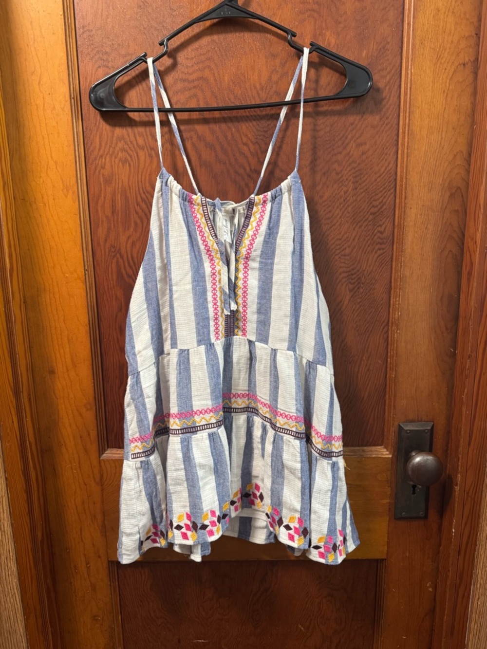 Striped Blue & White Embroidered Spaghetti-Strap Tank Top